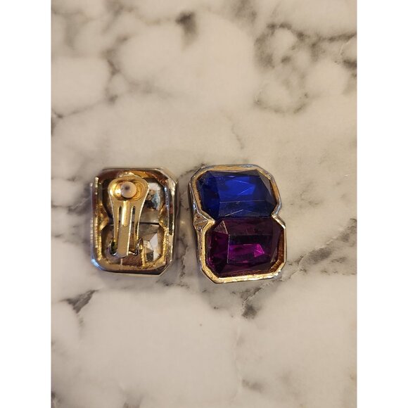 Vintage Clip-On Earrings With Rectangular Blue & Purple Stones - Picture 3 of 5